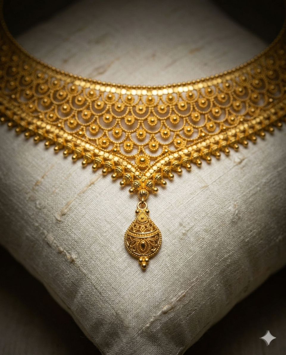 Macro gold necklace texture silk cushion editorial google gemini prompt