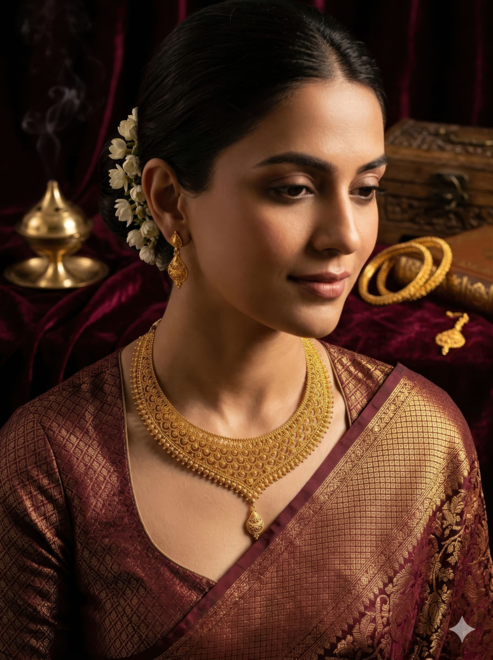 South asian wedding gold necklace velvet portrait google gemini prompt