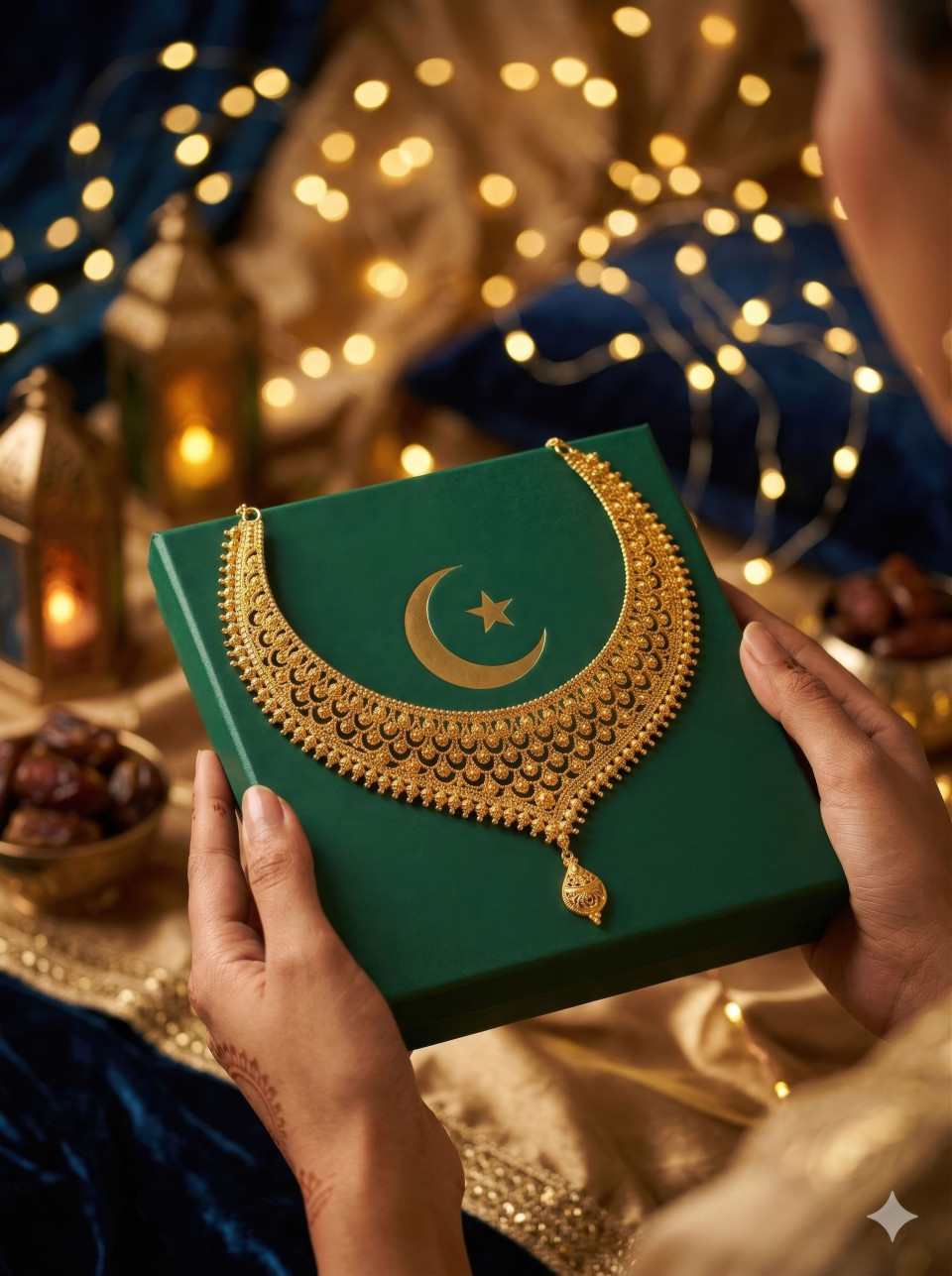 Eid celebration gold necklace gift warm lights google gemini prompt