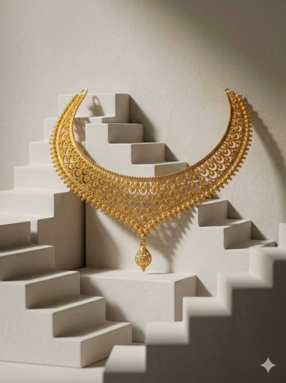 Minimal gold necklace white staircase shadow play google gemini prompt
