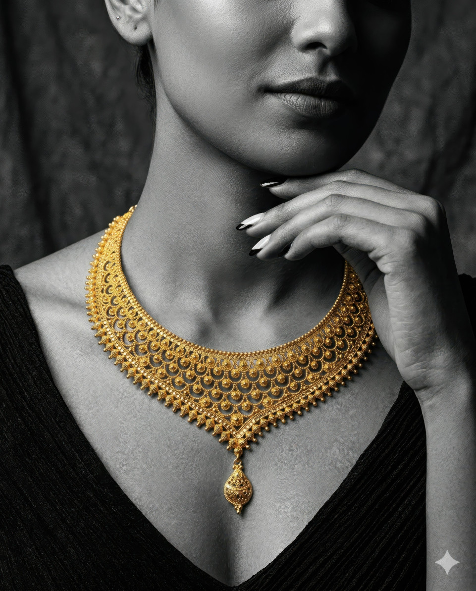 Monochrome portrait gold necklace selective color google gemini prompt
