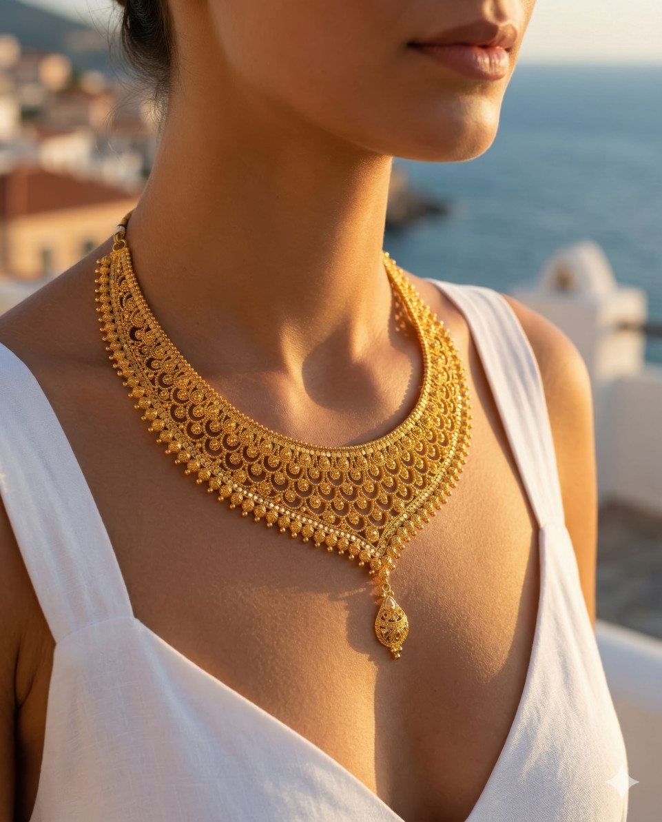Mediterranean balcony gold necklace lifestyle portrait google gemini prompt
