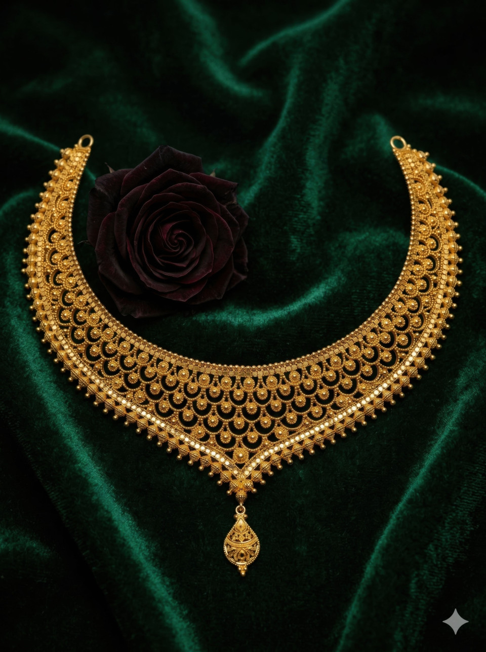 Midnight emerald velvet gold necklace dark rose google gemini prompt