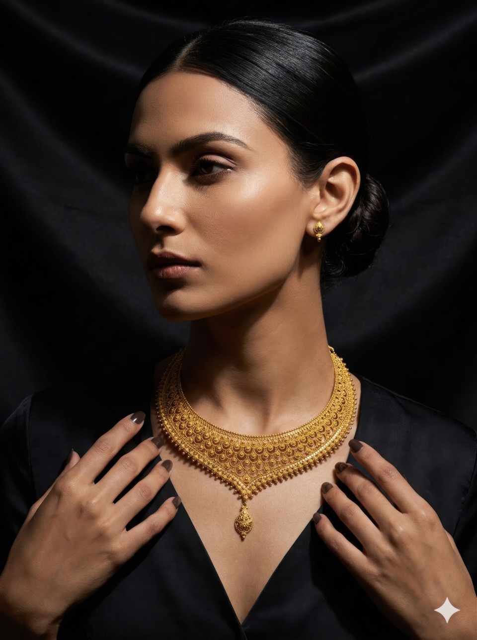 High fashion gold necklace portrait obsidian silk google gemini prompt