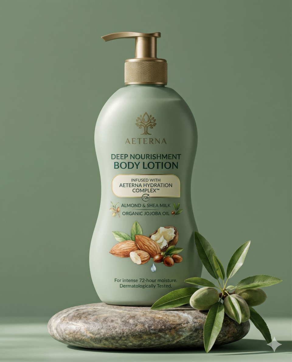 Natural skincare bottle with almonds on stone minimal setup google gemini prompt