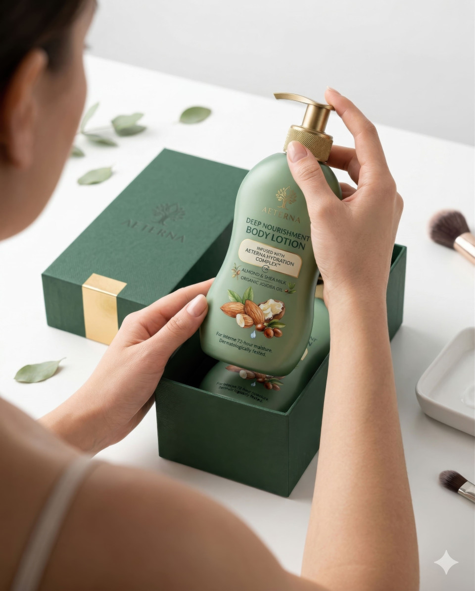 Skincare bottle unboxing from premium box clean white setup google gemini prompt