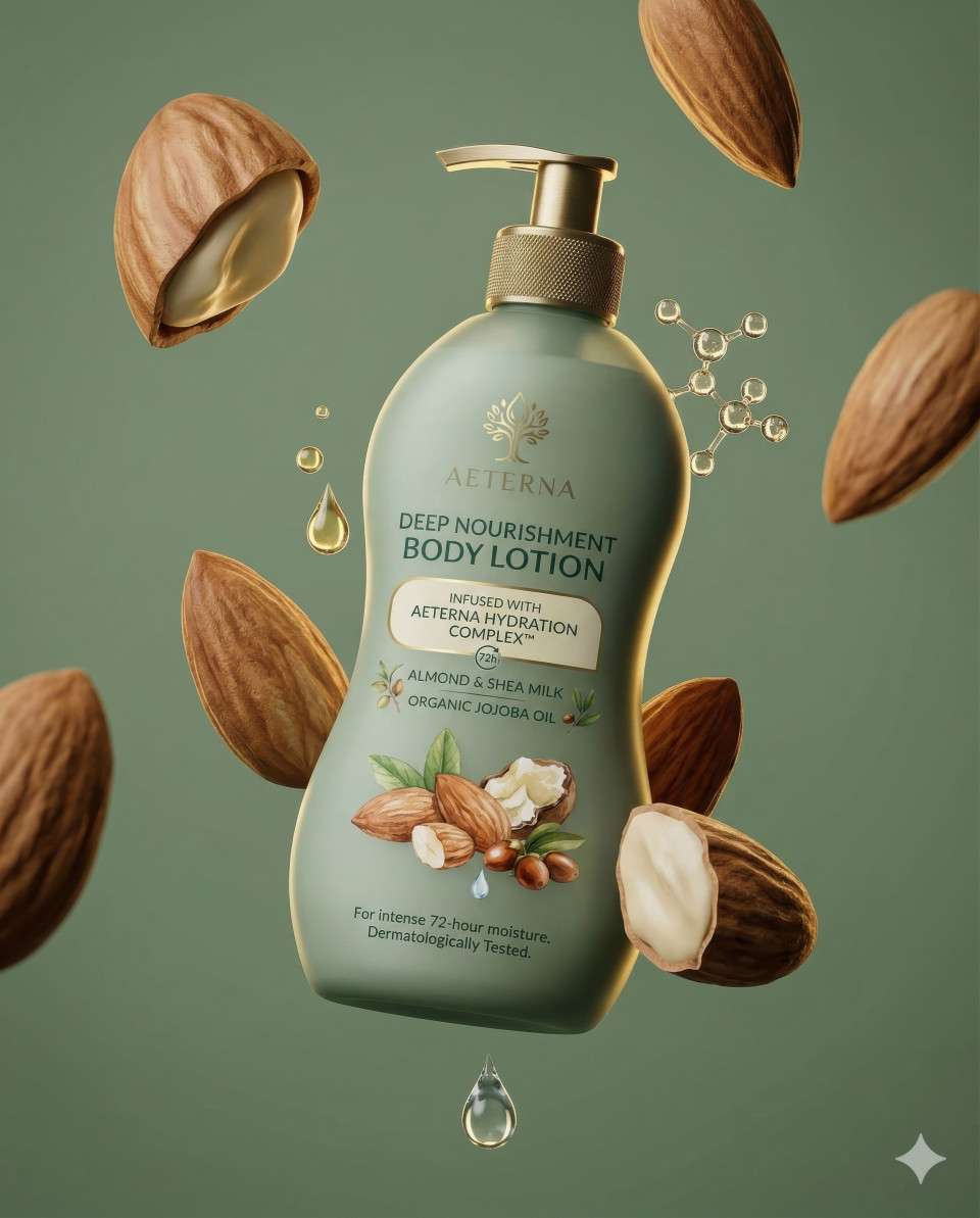 Almond skincare product floating with 3d elements sage backdrop google gemini prompt