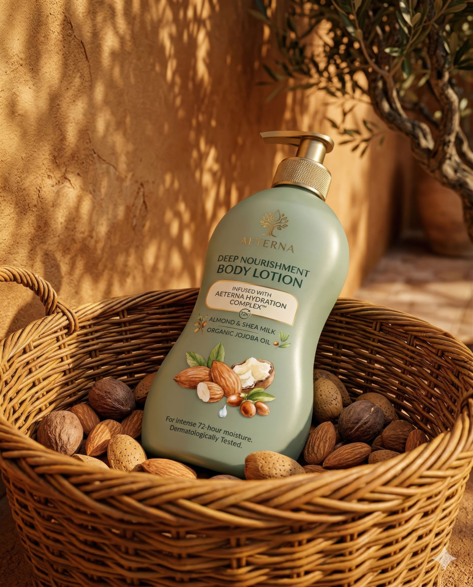 Skincare product in wicker basket with almonds warm sunlight google gemini prompt