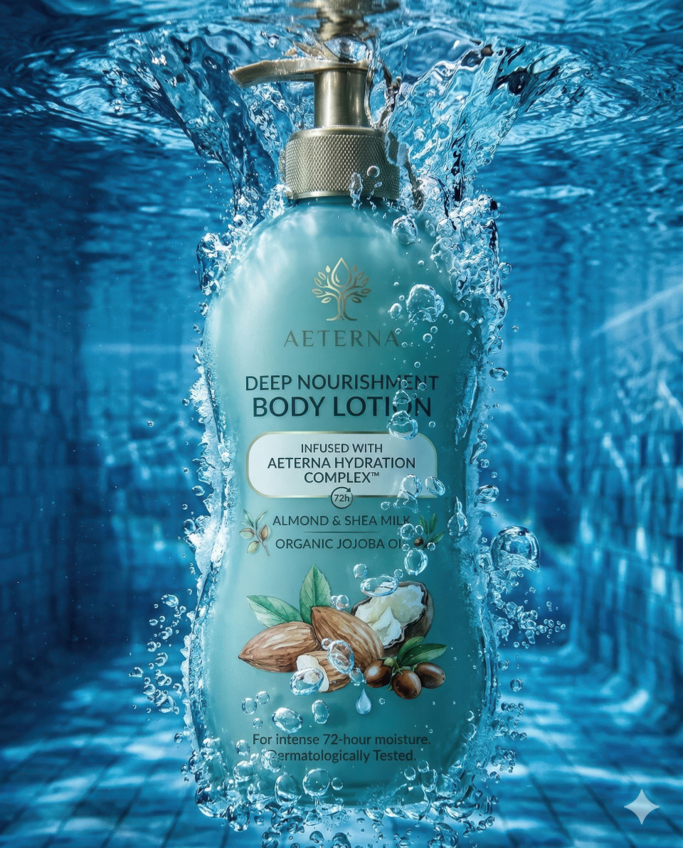 Skincare bottle submerged underwater with bubbles splash effect google gemini prompt