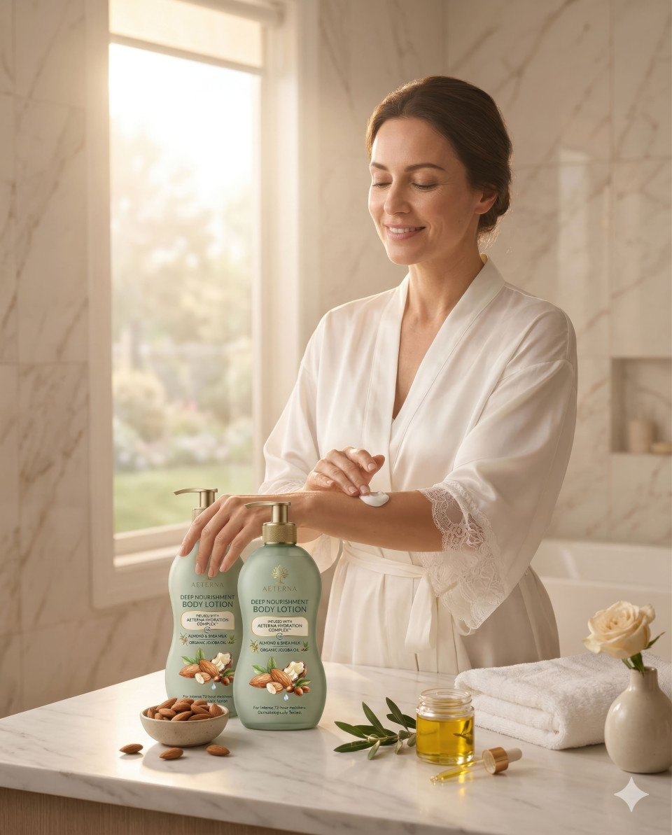 Woman applying skincare in sunlit marble bathroom lifestyle scene google gemini prompt