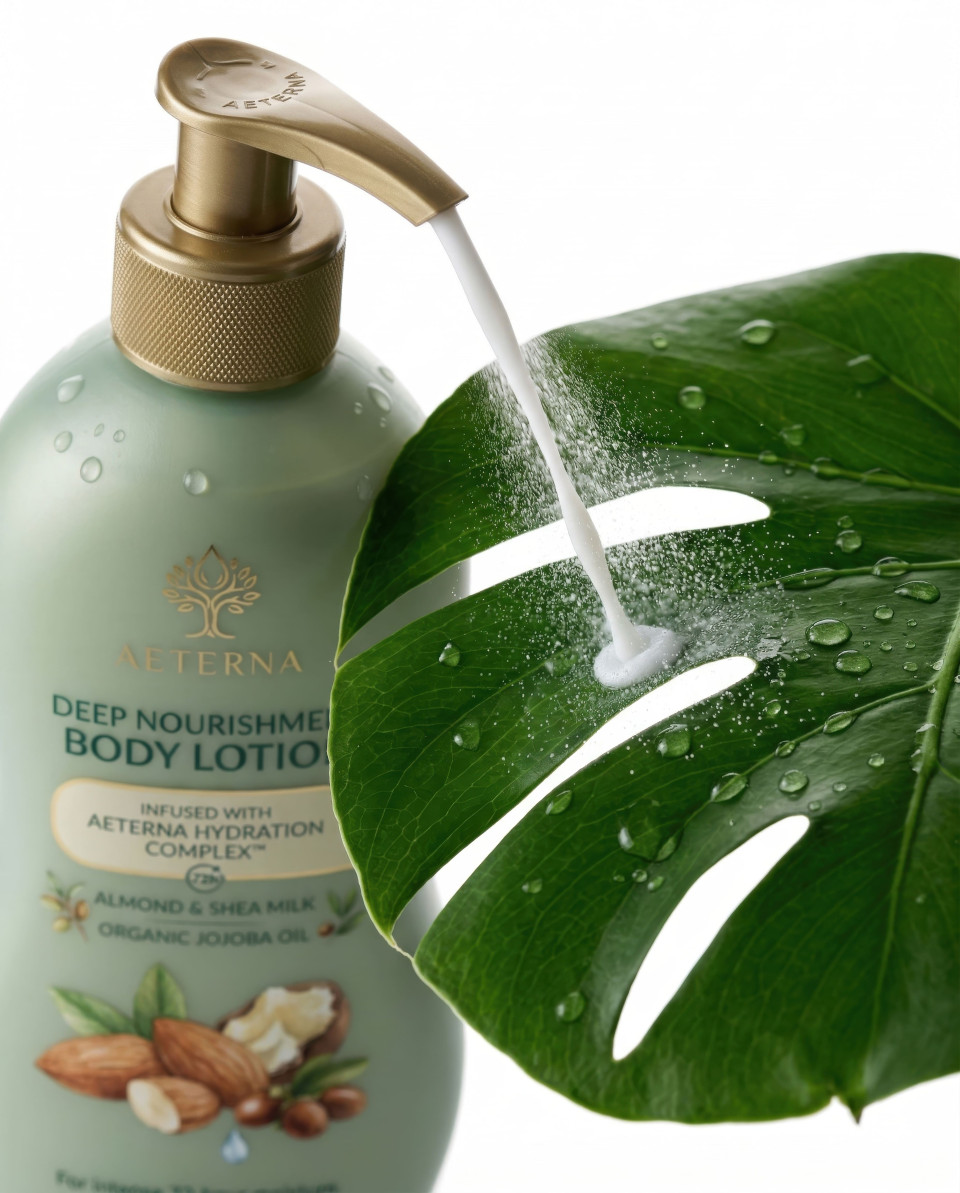 Lotion splash on monstera leaf with moisture beads macro shot google gemini prompt