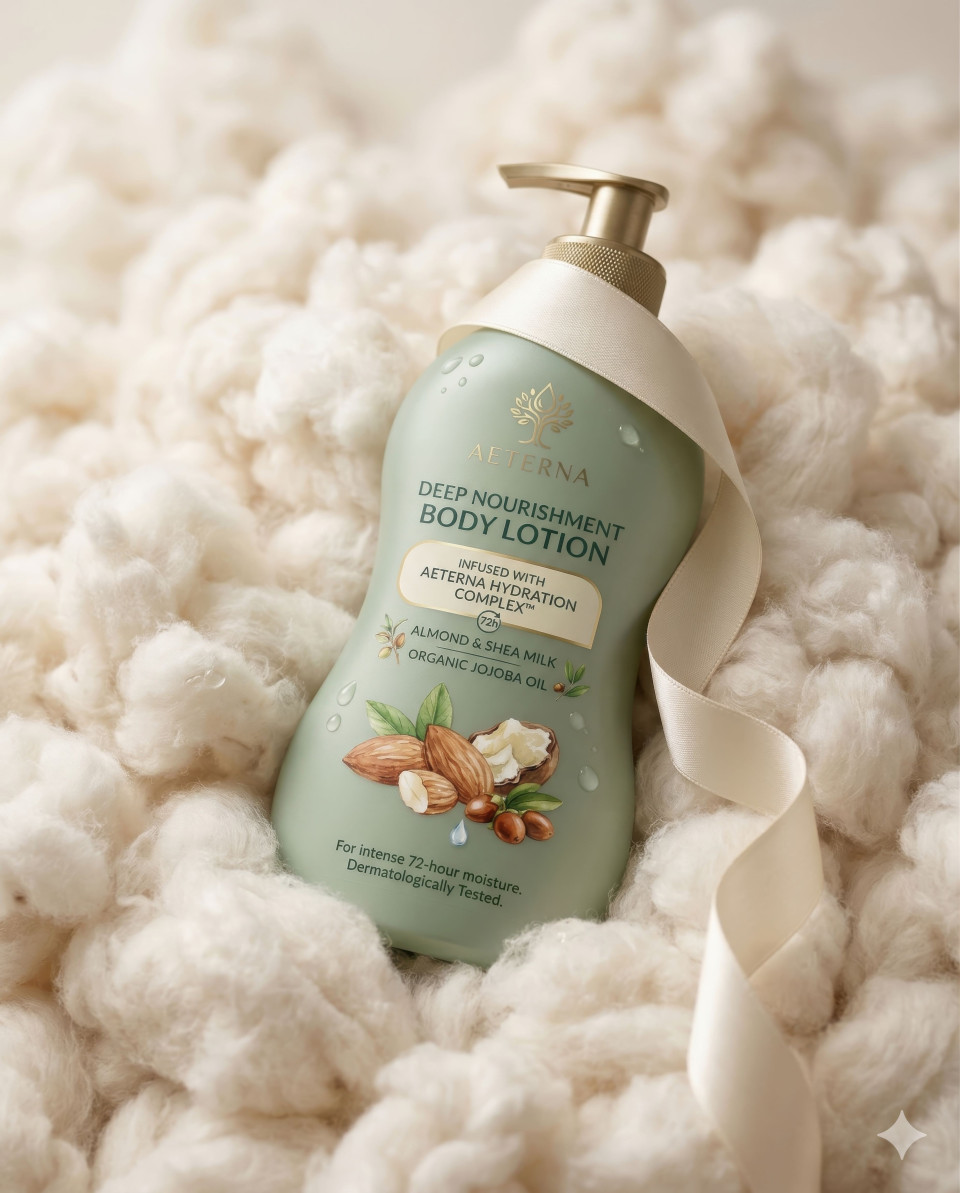 Skincare bottle on cotton with silk ribbon soft beauty concept google gemini prompt