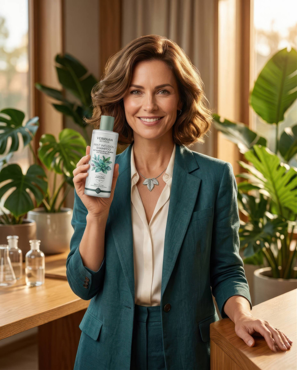 Founder portrait holding beauty product confident brand google gemini prompt