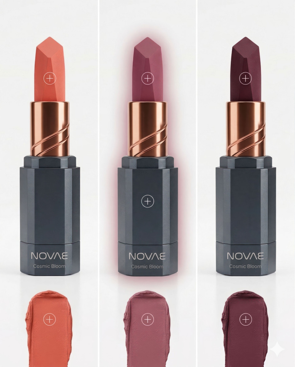 Lipstick shade selection grid cosmetic swatch display ad google gemini prompt