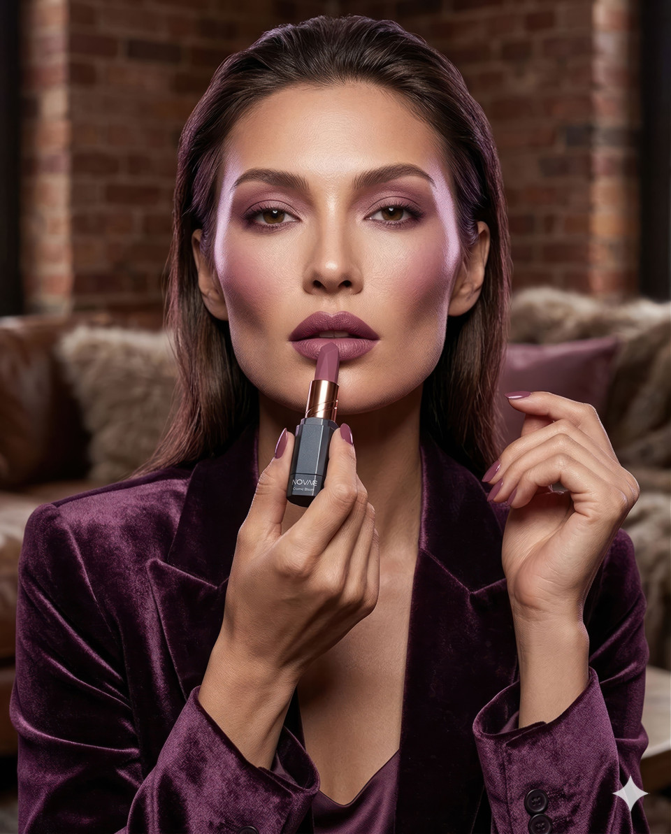 High fashion portrait woman wearing plum lipstick look google gemini prompt