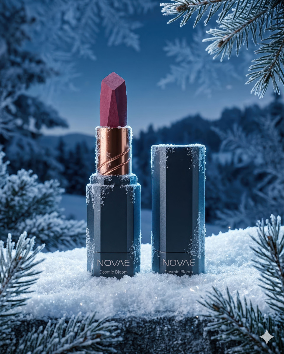 Seasonal lipstick on snow winter beauty product concept google gemini prompt