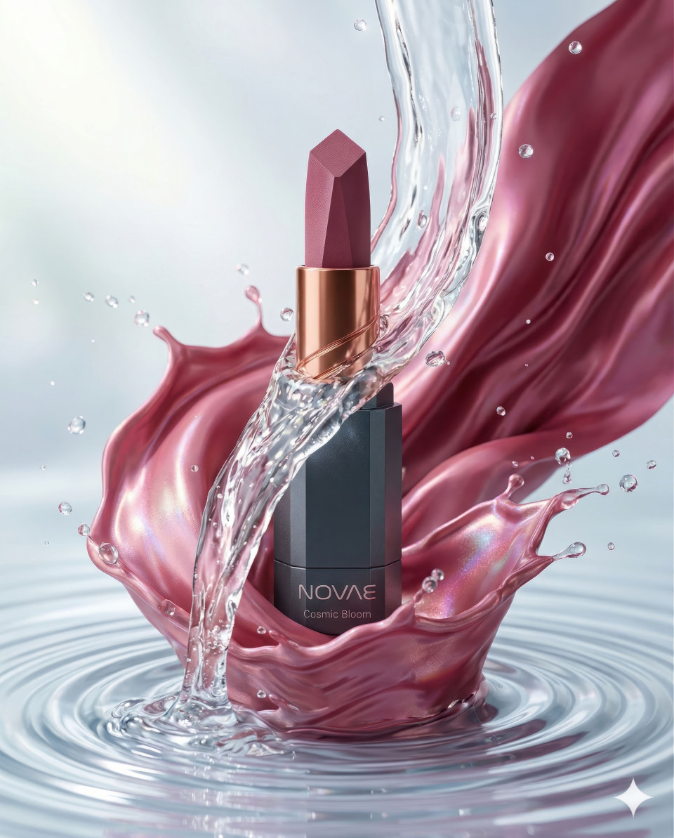 Hydrating lipstick emerging from liquid silk fountain concept google gemini prompt