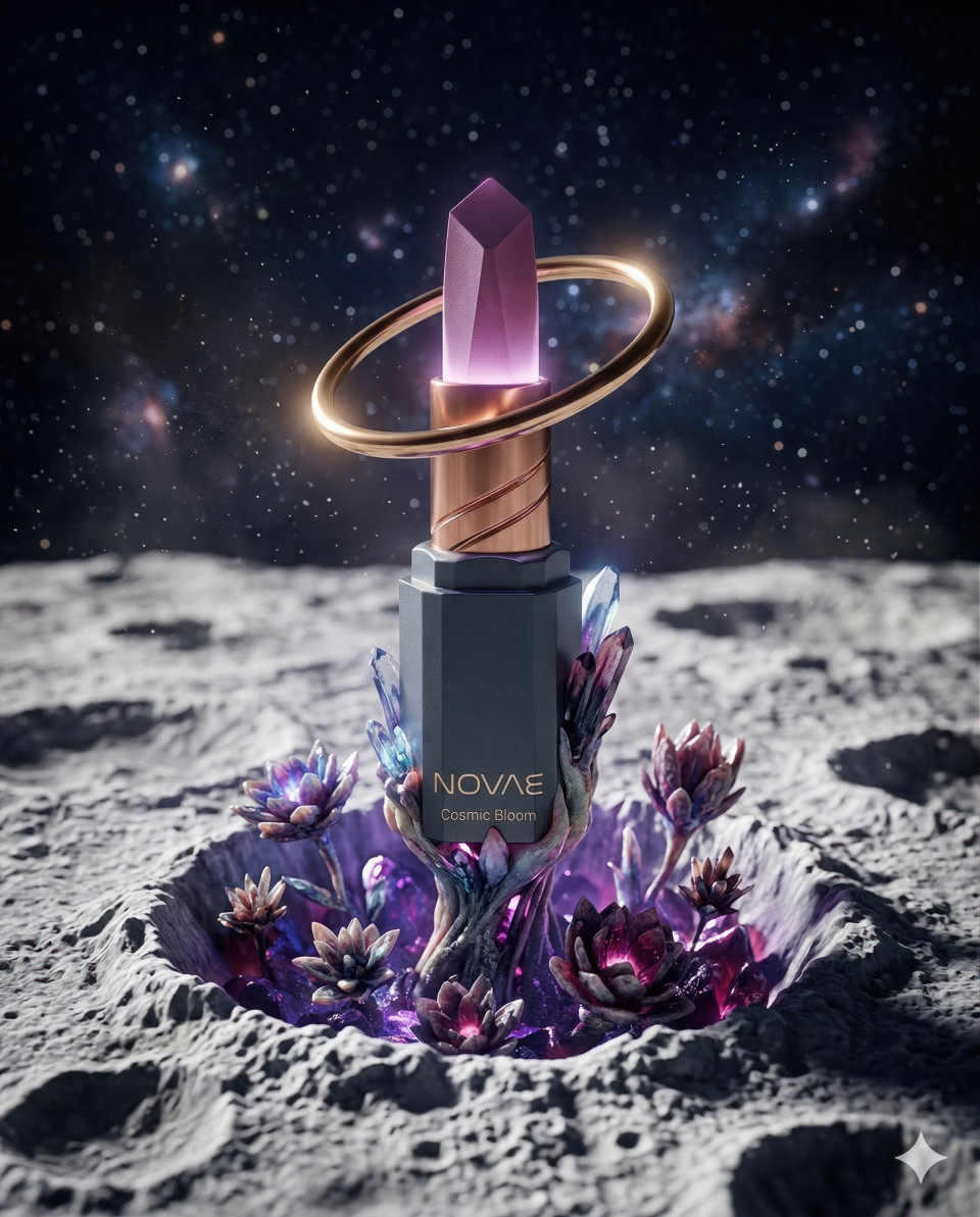 Surreal lipstick growing from moon crater cosmic beauty ad google gemini prompt