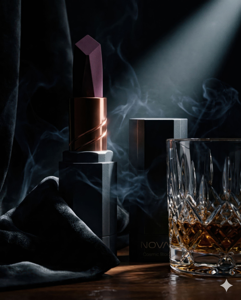 Film noir lipstick in dark velvet dramatic luxury scene google gemini prompt