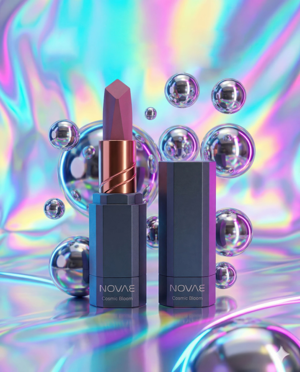 Futuristic lipstick with chrome orbs holographic y2k beauty ad google gemini prompt