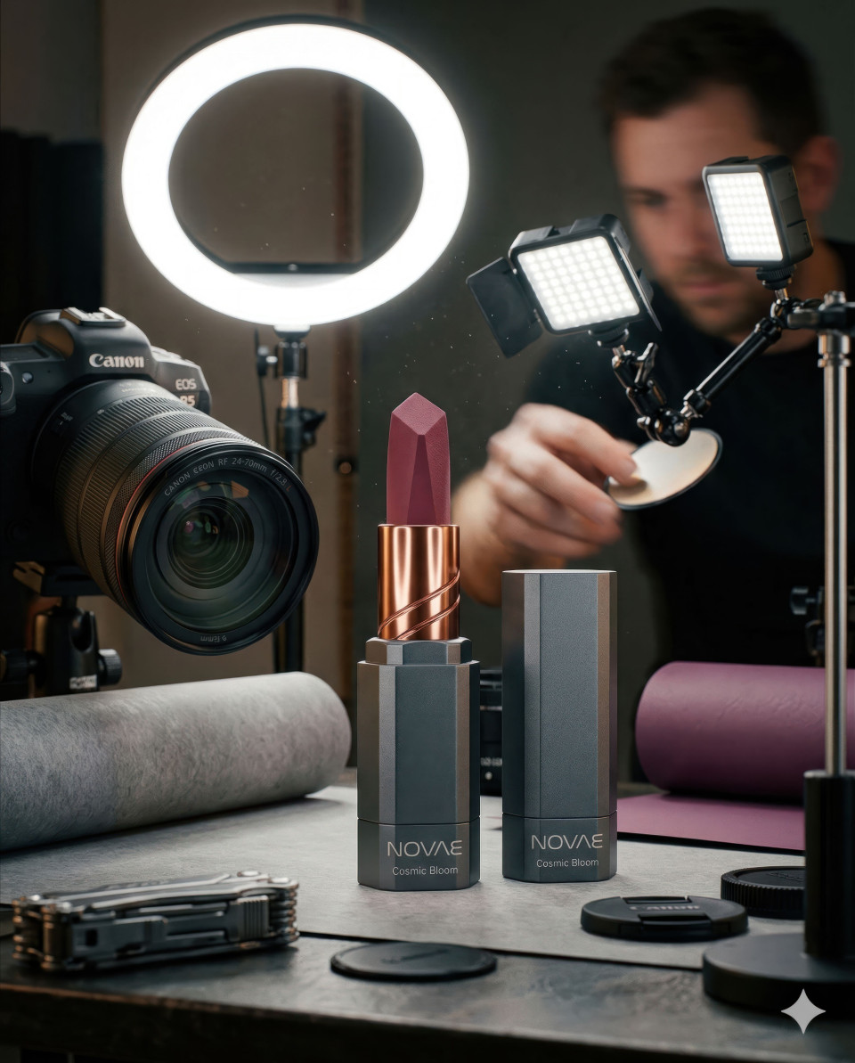 Behind the scenes lipstick shoot cinematic studio moment google gemini prompt