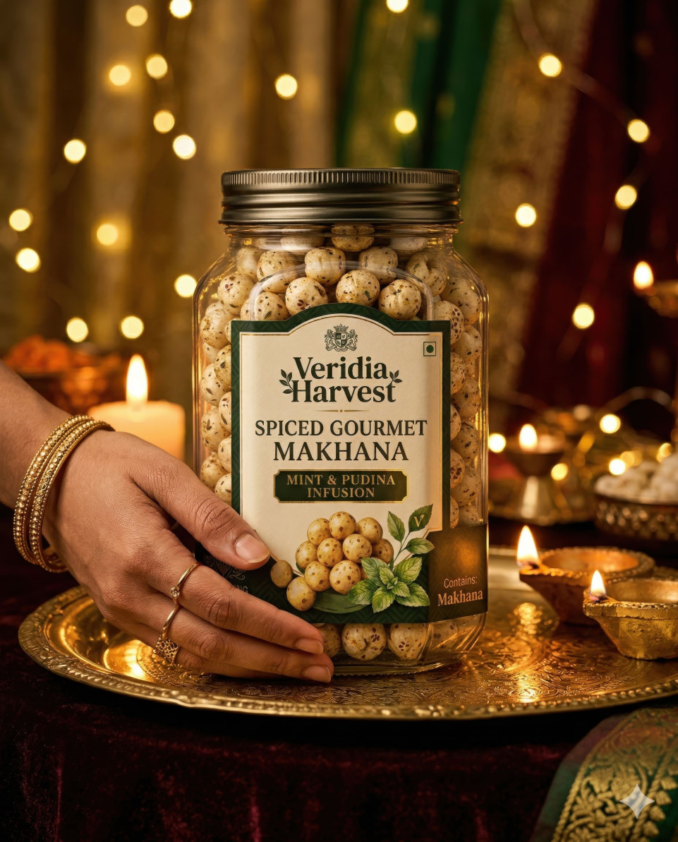 Festive snack jar on gold tray with warm lights celebration scene google gemini prompt