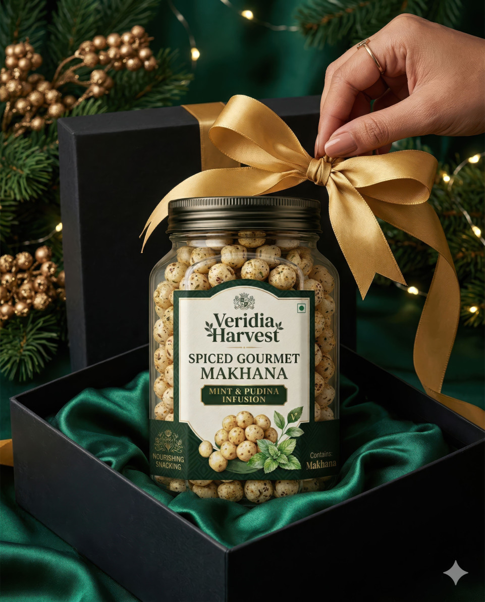 Premium snack jar gift box with ribbon on dark satin background google gemini prompt