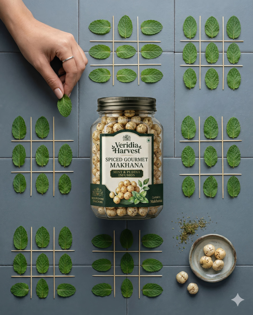 Premium snack jar flat lay with mint leaves on gray surface google gemini prompt