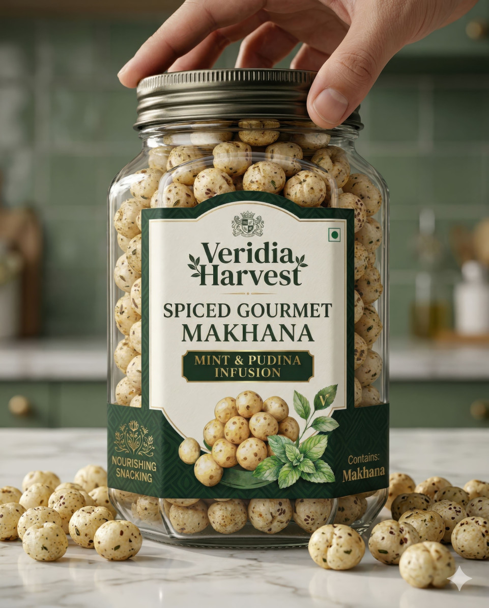 Premium snack jar on marble countertop with scattered makhana google gemini prompt