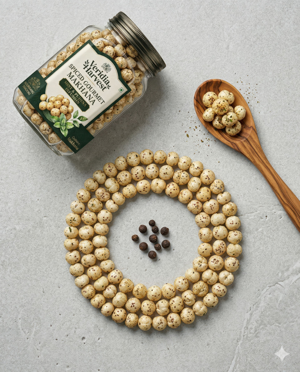 Snack jar flat lay with makhana circle and spoon on gray surface google gemini prompt