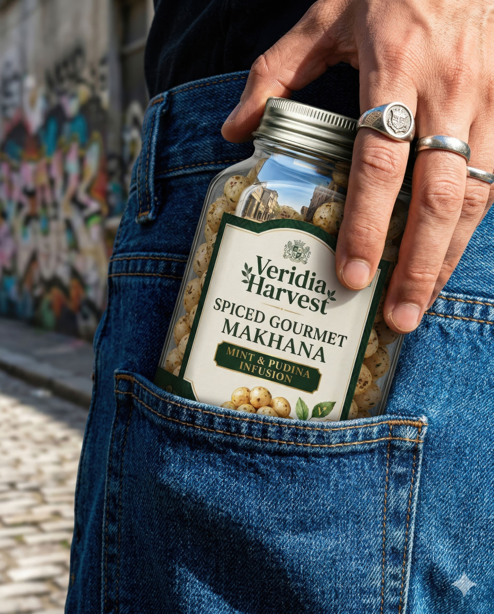 Snack jar in denim pocket with urban street style background google gemini prompt