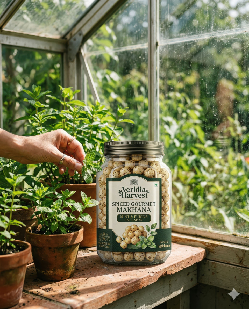 Snack jar on terracotta ledge with fresh mint plants garden scene google gemini prompt