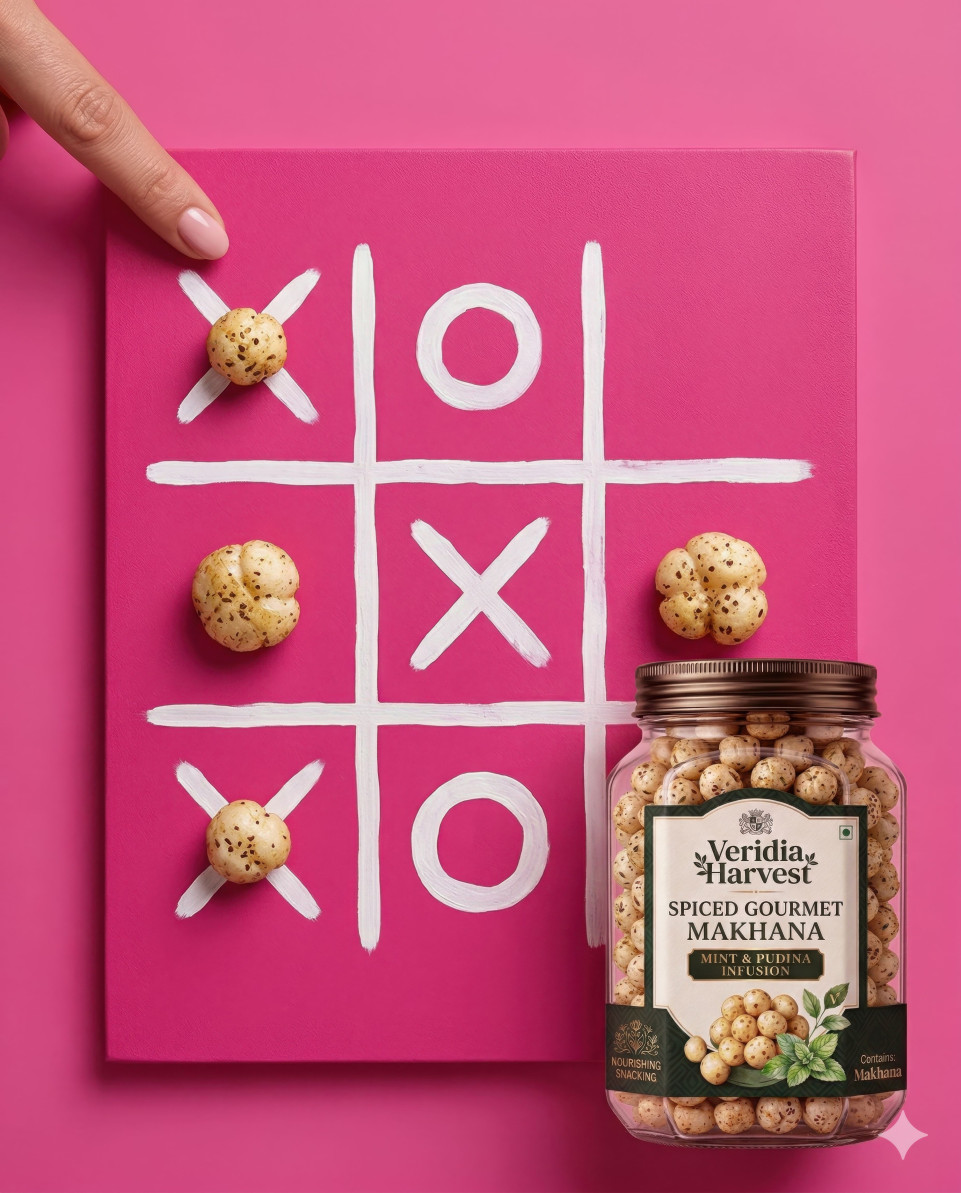 Snack jar with makhana tic tac toe game on pink background google gemini prompt