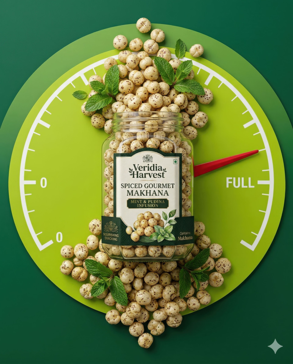 Snack jar as health gauge concept with makhana on green background google gemini prompt