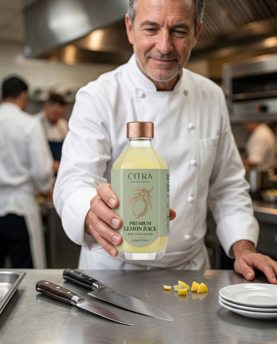 Professional chef approving lemon beverage in modern kitchen google gemini prompt