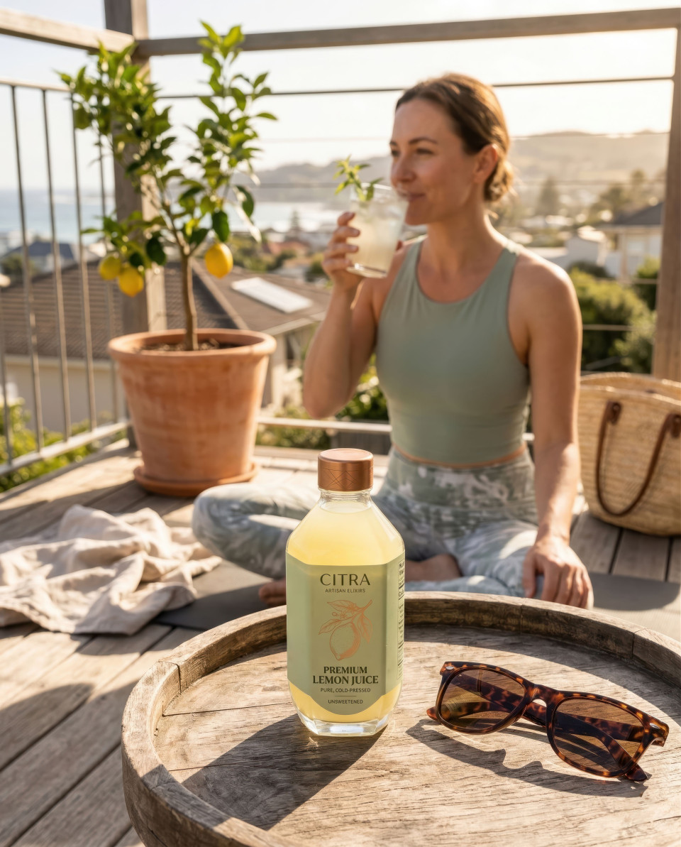 Yoga lifestyle woman enjoying lemon drink on sunny balcony google gemini prompt