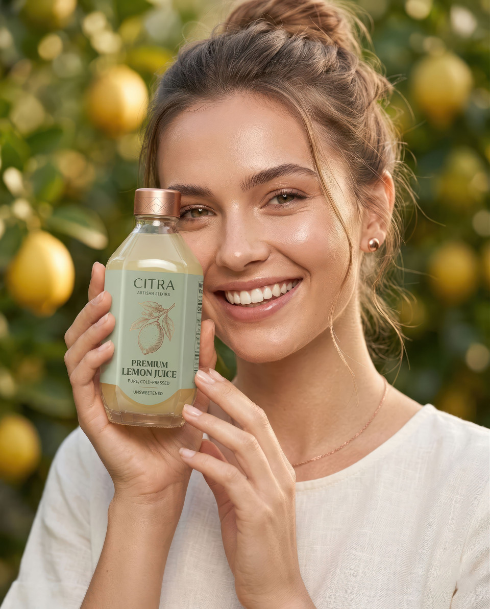 Fashion portrait woman holding lemon drink with radiant skin google gemini prompt