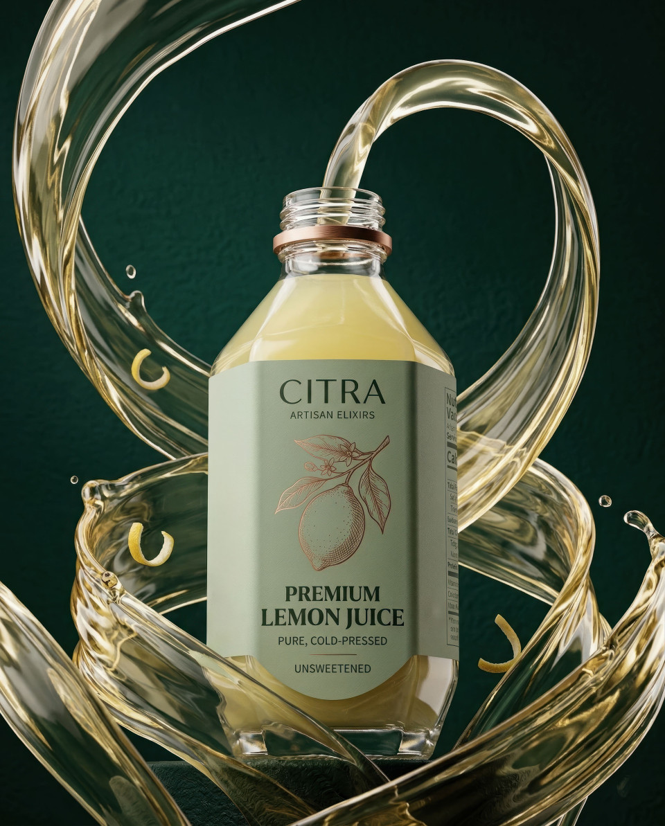 Luxury lemon drink with swirling juice ribbons dramatic studio google gemini prompt