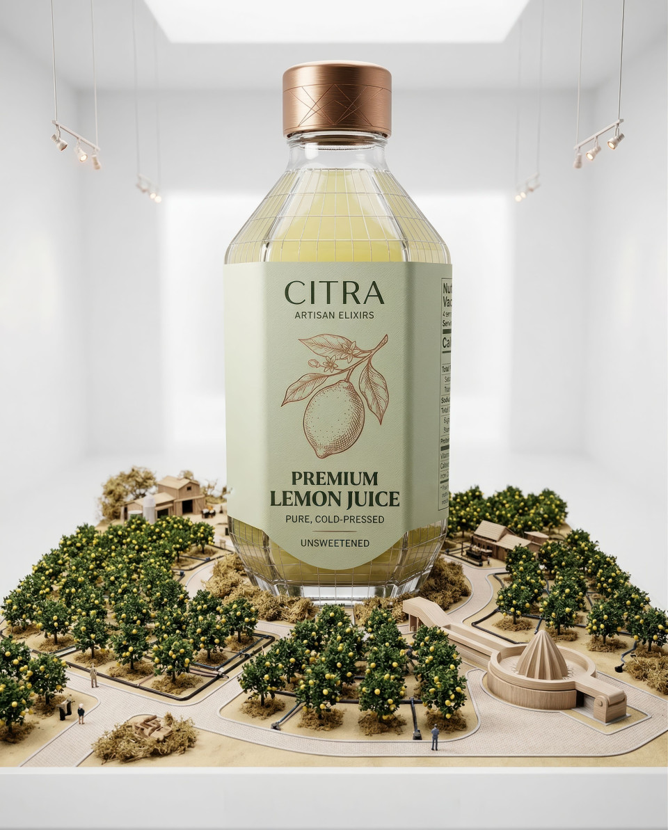 Conceptual lemon drink bottle as skyscraper with citrus landscape google gemini prompt