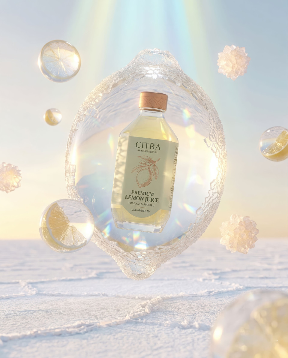 Surreal lemon drink floating in giant citrus over salt flat google gemini prompt