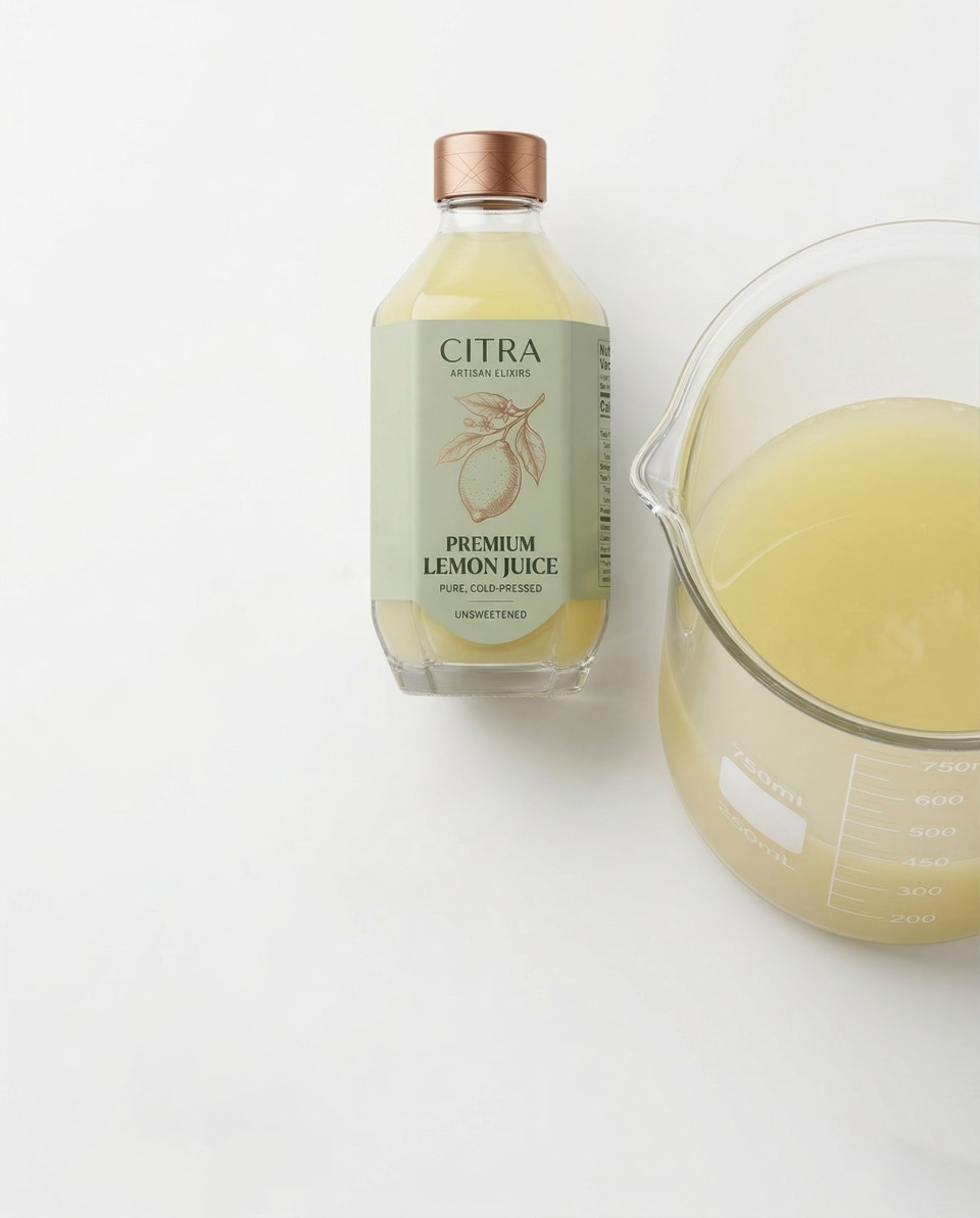 Clean product layout with lemon drink and beaker infographic style google gemini prompt