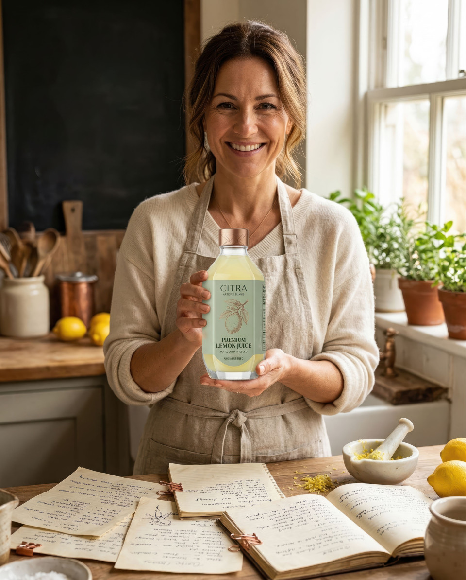 Woman holding lemon drink in sunlit kitchen with recipe notes google gemini prompt