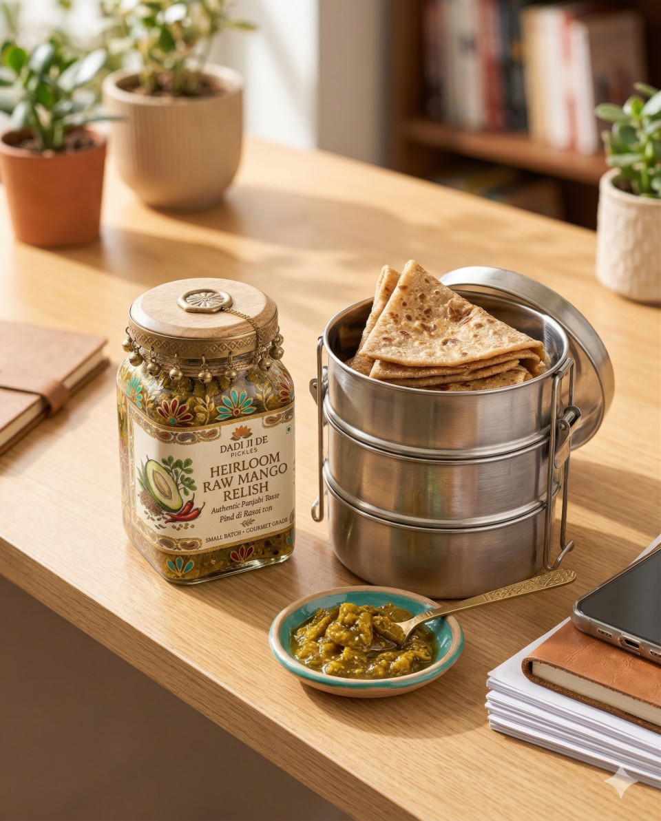 Mango pickle jar with tiffin and parathas on office desk google gemini prompt