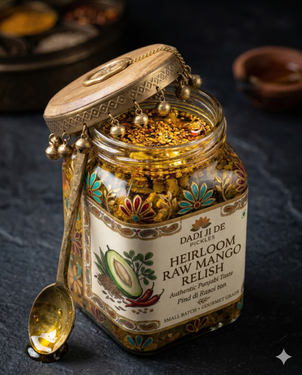 Macro shot of mango pickle jar with oil drip and spice detail google gemini prompt