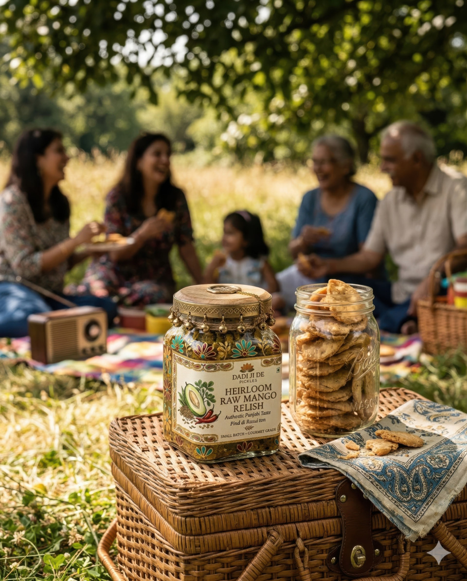 Mango pickle jar on picnic basket with snacks outdoor lifestyle google gemini prompt