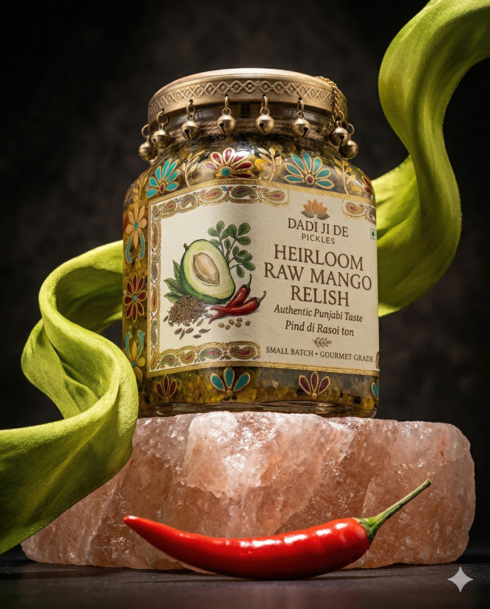 Mango pickle jar on salt block with chili artistic concept shot google gemini prompt