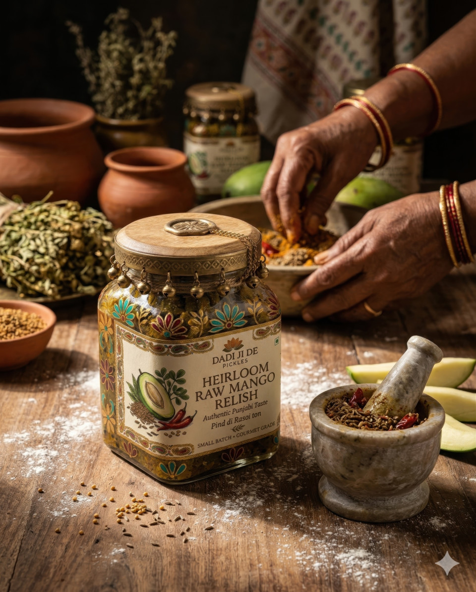 Mango pickle jar with spices and prep table artisanal cooking google gemini prompt