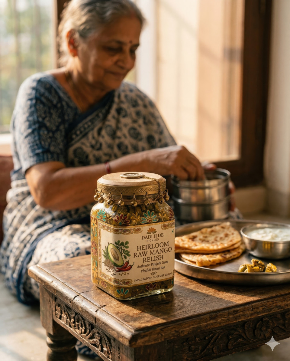 Mango pickle jar with paratha meal and grandmother kitchen scene google gemini prompt