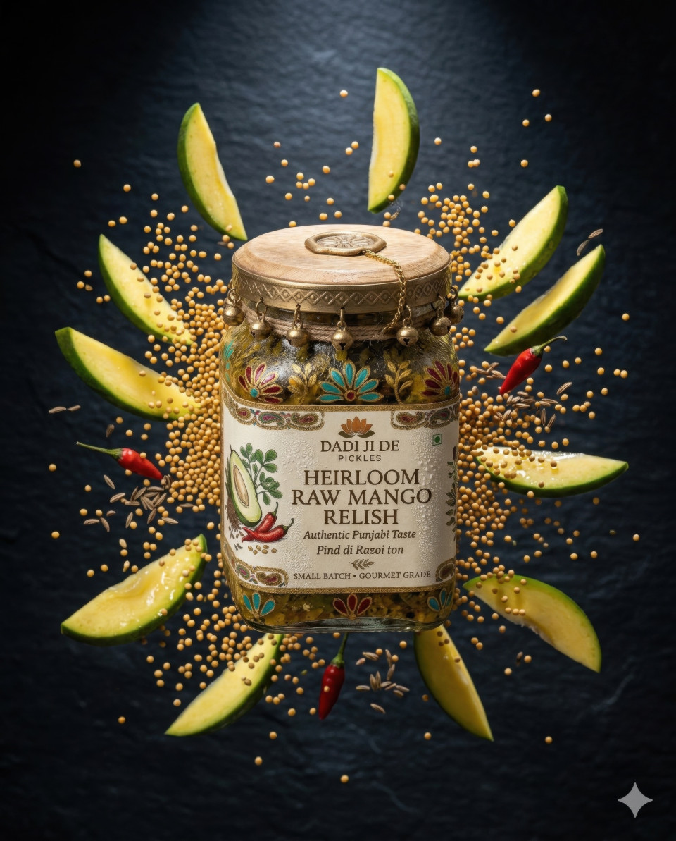 Mango pickle jar with flying spices and mango gourmet concept google gemini prompt