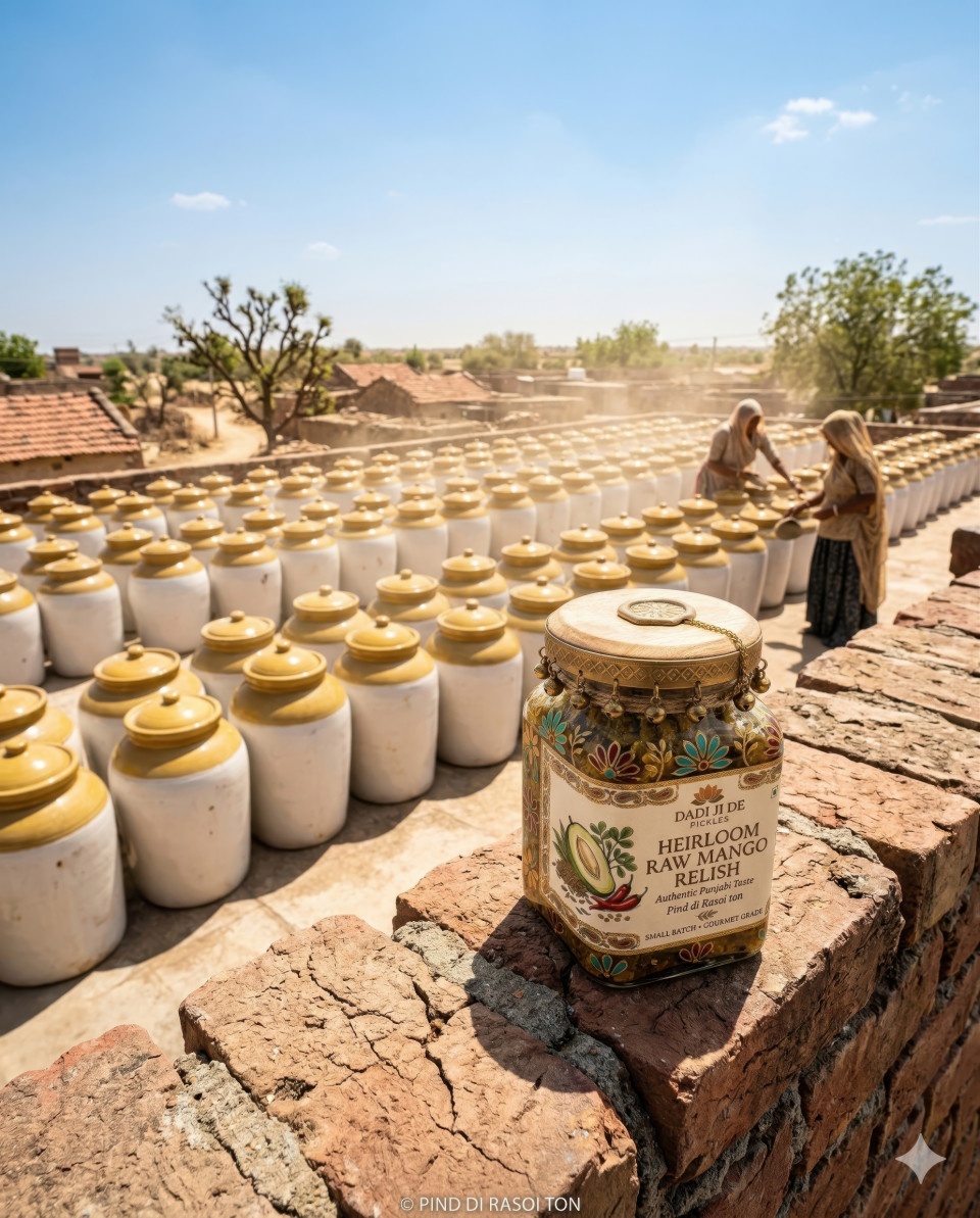 Mango pickle jar on brick parapet with martaban documentary shot google gemini prompt